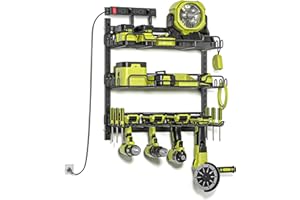 Amoowis Power Tool Organizer with Charging Station, 4 Outlet Power Strip ＆ 5 Min Quick Assembly, 4 Slots for Cordless Power Drill by Heavy Duty Rack Wall Mount with 3 Adjustable Tool Shelves