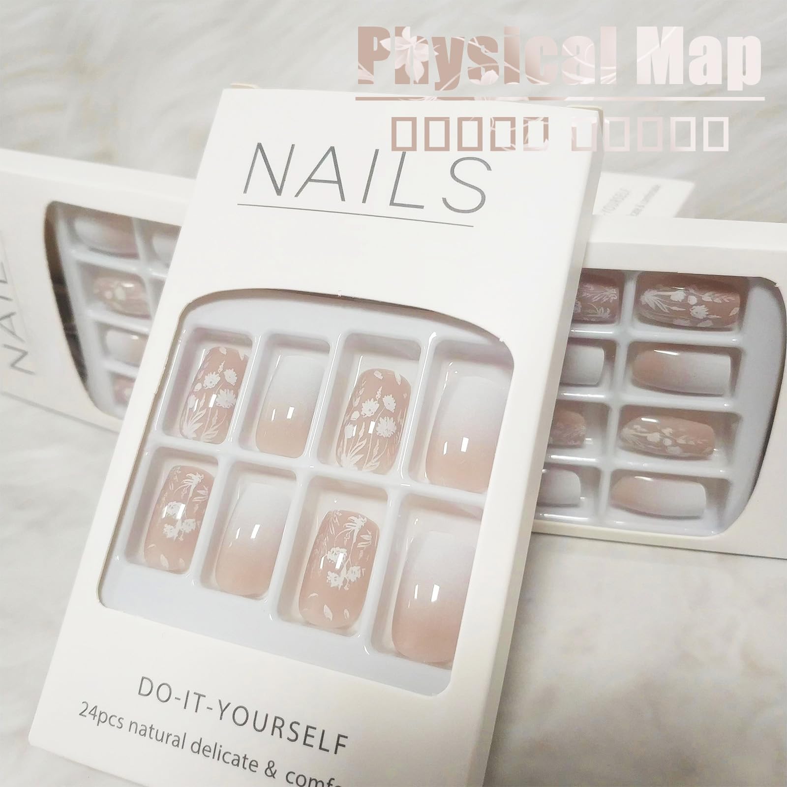 White Gradient Short Square Press on Nails with Flower Leaves Design, Glossy Nude False Nails Gel Glue on Nails, Ombre Manicure Art Fake Nails Stick on Nails for Coquette Women Girls - Image 5