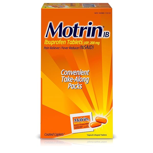 MOTRIN IB, IBUPROFEN 200MG TABLETS, NSAID PAIN & FEVER RELIEVER FOR HEADACHE, BACKACHE, MUSCULAR ACHES, ARTHRITIS PAIN RELIEVER, 50 TRAVEL PACKETS OF 2, 100 CT