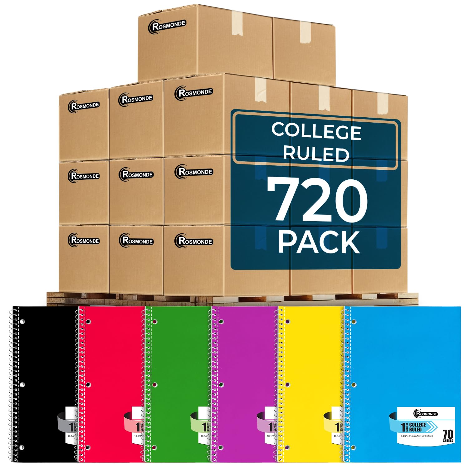 Rosmonde 720 Packs (Pallet) 1 Subject Notebooks, Spiral Notebook Bulk, College Ruled, Pallet of Notebooks,70 Sheets (140 pages), 8 x 10-1/2",Bulk Spiral Notebooks for School & Office, 4-7 Days Transit Image