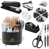 SKYDUE Black Office Supplies with Pencil Holder,Desk Accessories 11PCS | Office Desk Accessories Included Stapler with Staples, Staple Remover,Tape Dispenser, Binder Paper Clips Kit,Scissor, Pens
