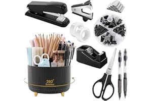 SKYDUE Black Office Supplies, Black Office Desk Accessories 10PCS, Pencil Holder for Desk, Stapler, Tape Dispenser, Scissors,