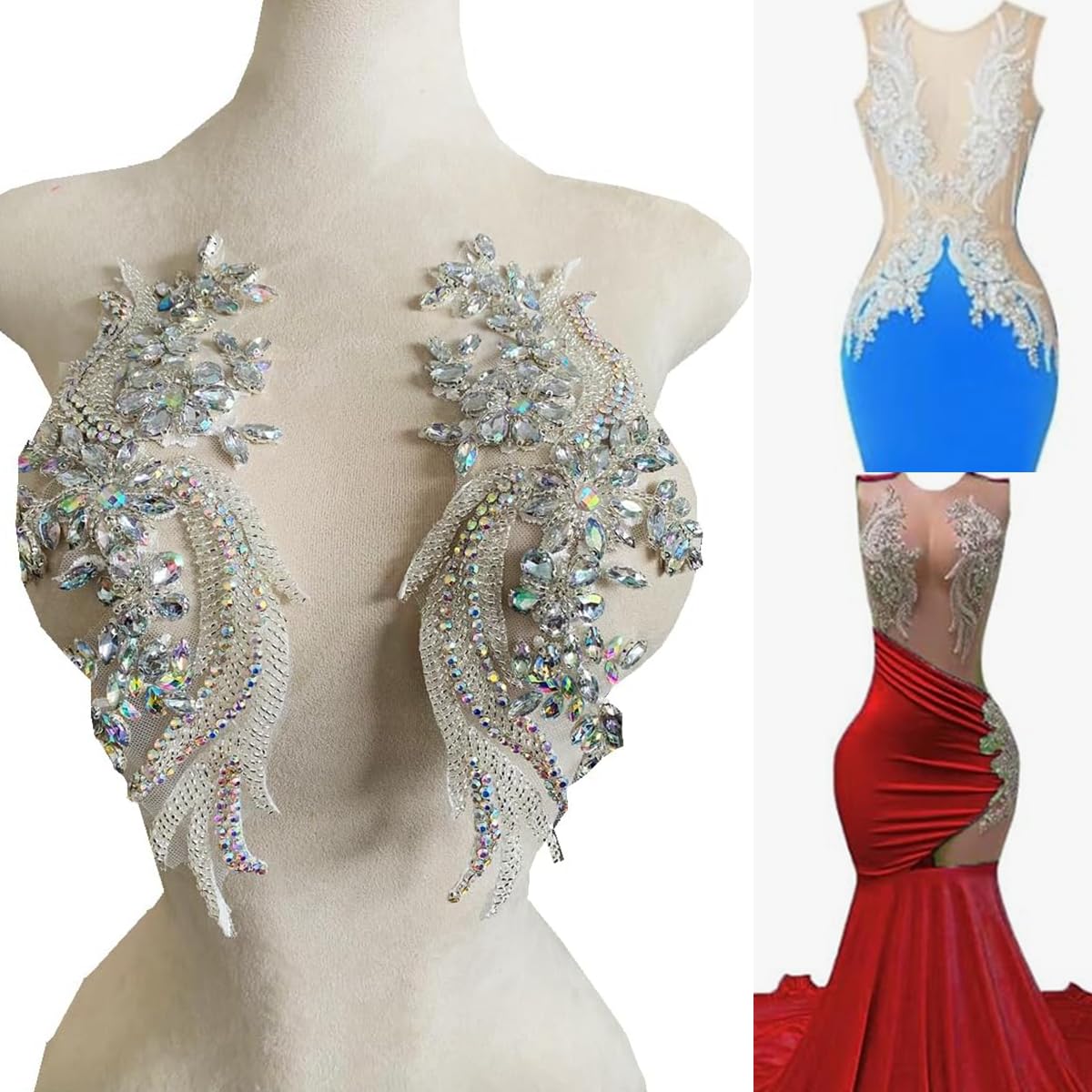 Photo 1 of 1 Pair Handmade Beaded Crystal Patches Bodice Lace DIY Applique Patches Accessory for Dress Clothes 35X12cm (Clear AB)