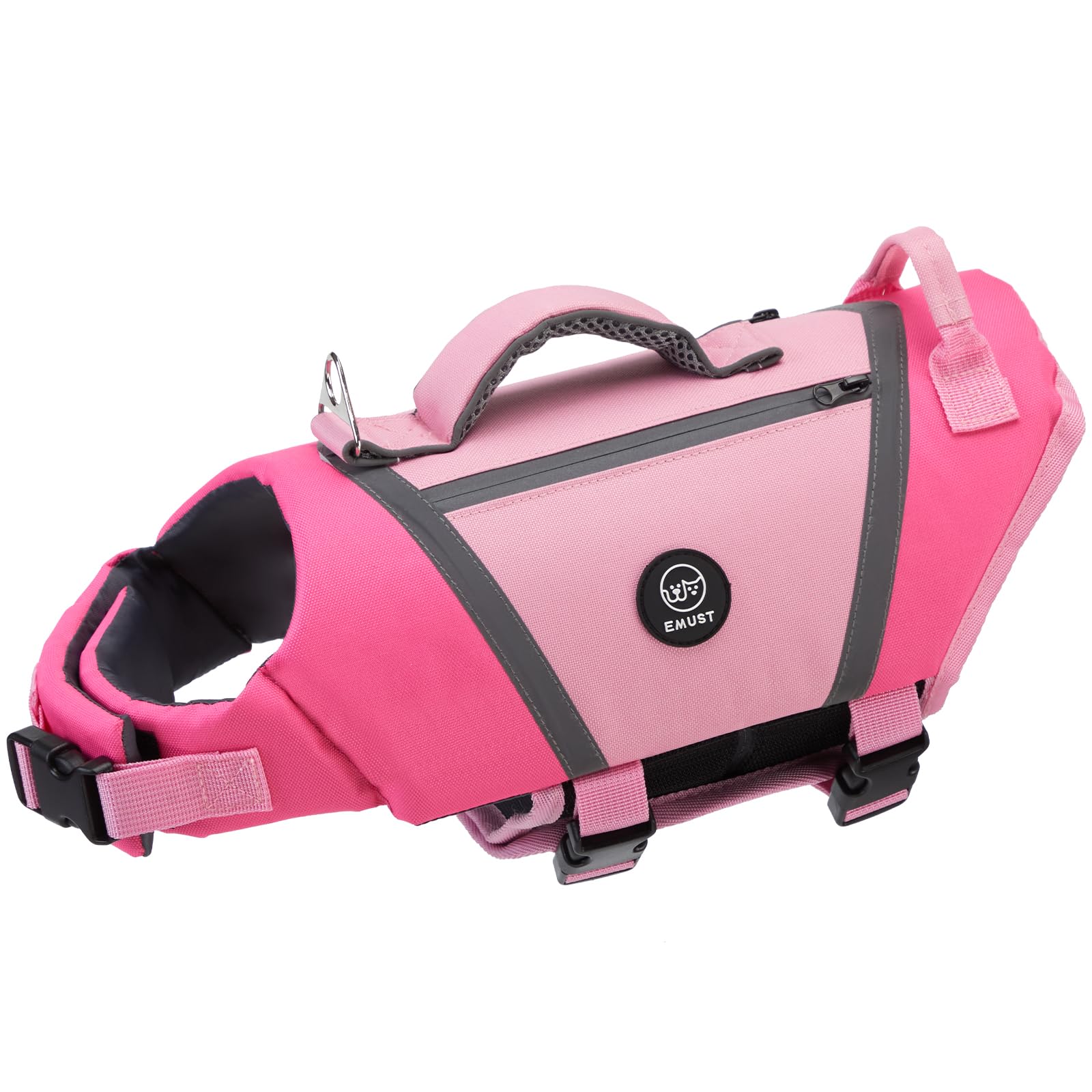 EMUST Dog Flotation Vest, High Visibility Life Vests for Dogs with High Buoyancy, Heavy-Duty Dog Life Jackets for Large Dogs with Adjustable Straps for Pugs, Boxers, Basset Hounds, Pink, L
