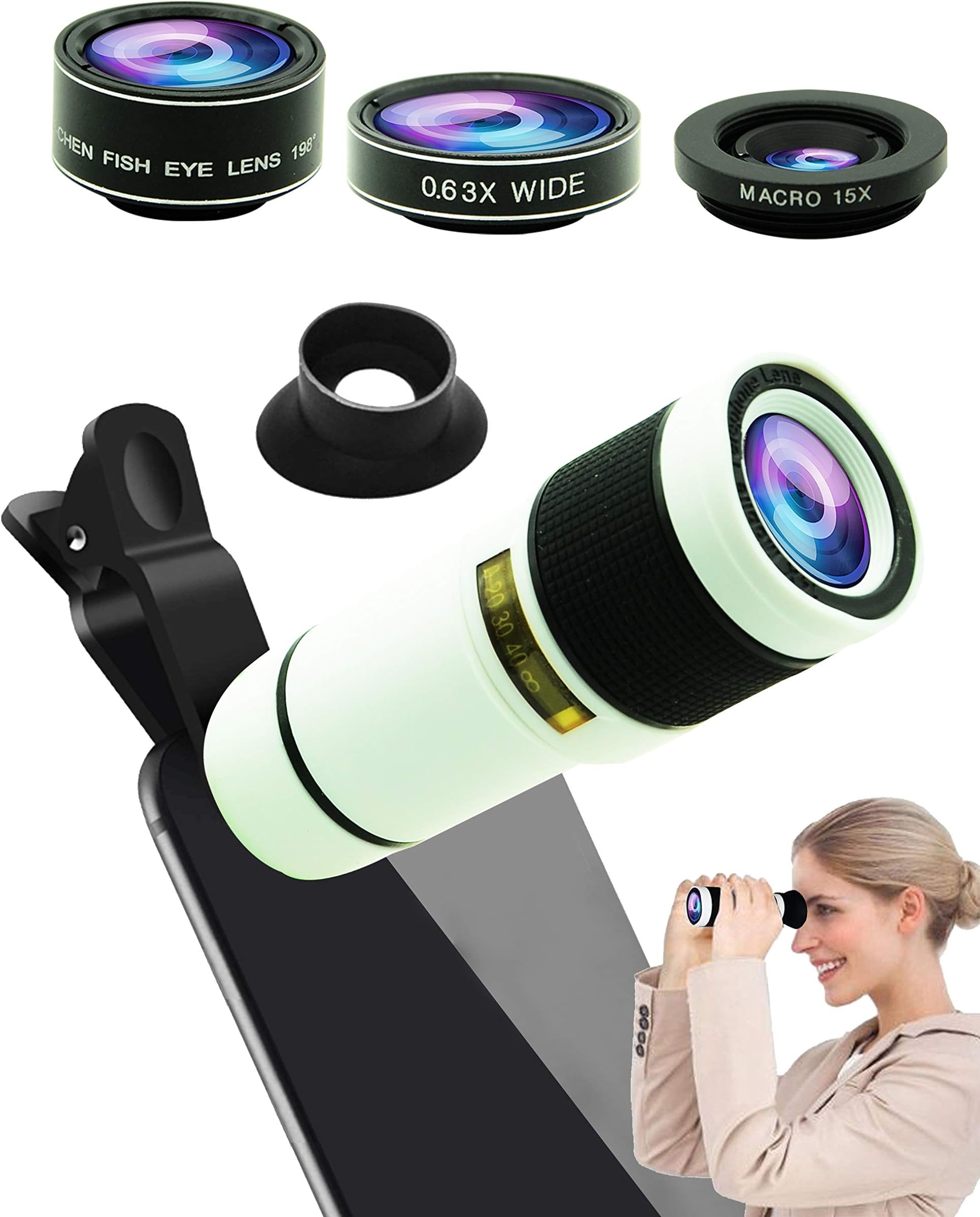Yideyiying Digital Cell Phone Camera Lens Kit,5 in 1 Universal 14x Zoom Telephoto, 0.63x Wide-Angle, Macro, Fisheye, Eye Mask, Telescope Mobile Compatible IPhone Samsung Galaxy Smartphones