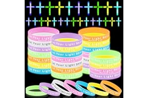 ShinyRelief 100 Pcs Glow in the Dark Christian Party Favors Silicone Bracelets for Kids Cross Necklace Bulk Sunday School Bible Wristbands Luminous Pendant Toys for Religious Gift