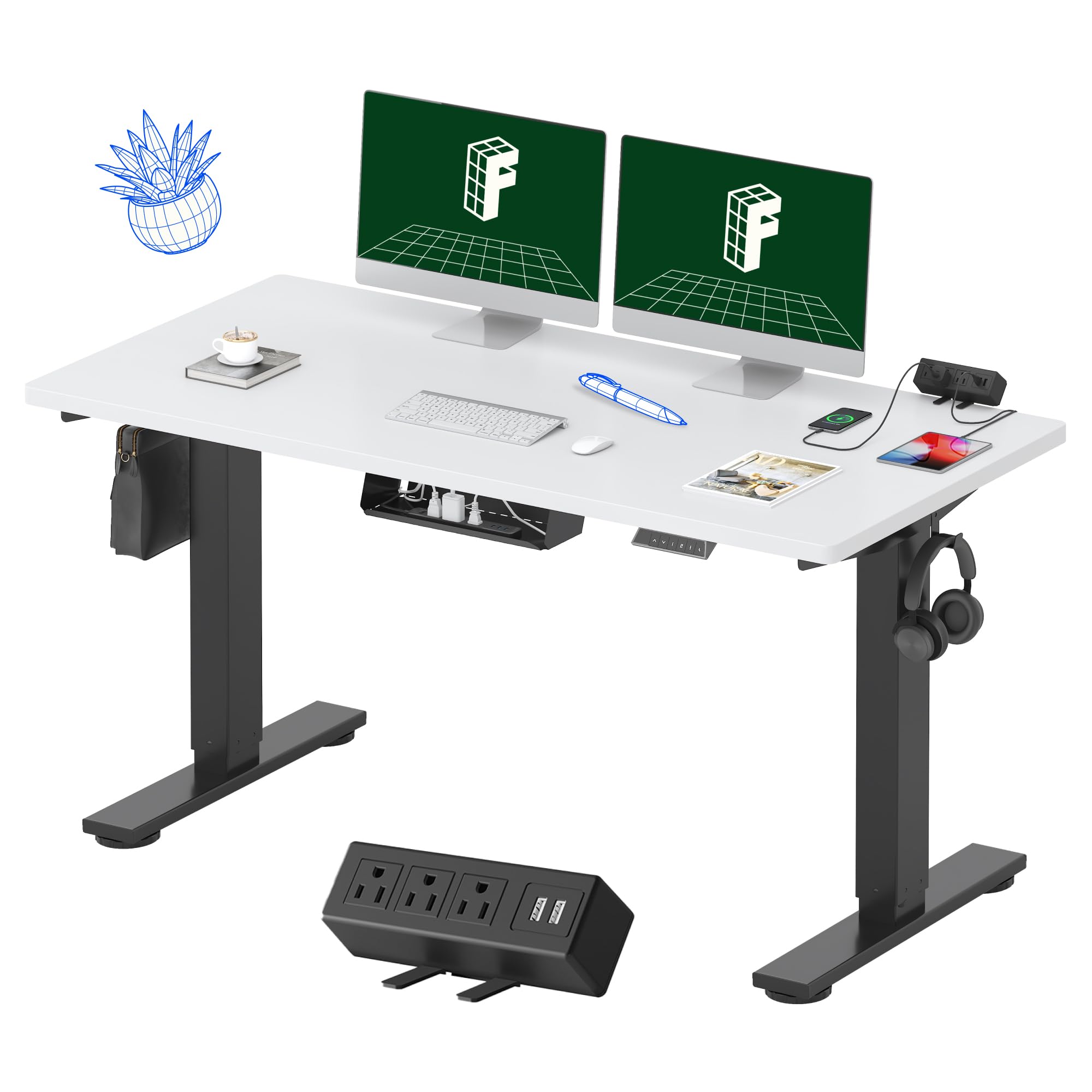 FLEXISPOT EN2 Whole-Piece Standing Desk with Clamp Power Strip, 55 x 28 Electric Stand Up Height Adjustable Desk with Cable Management (Black Frame + 55" White Top, 2 Packages) Image