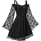 Women Lace Goth Dress Plus Size Gothic Bandage Dress Flare Sleeve Spaghetti Strap Witch Vantage Goth Dresses