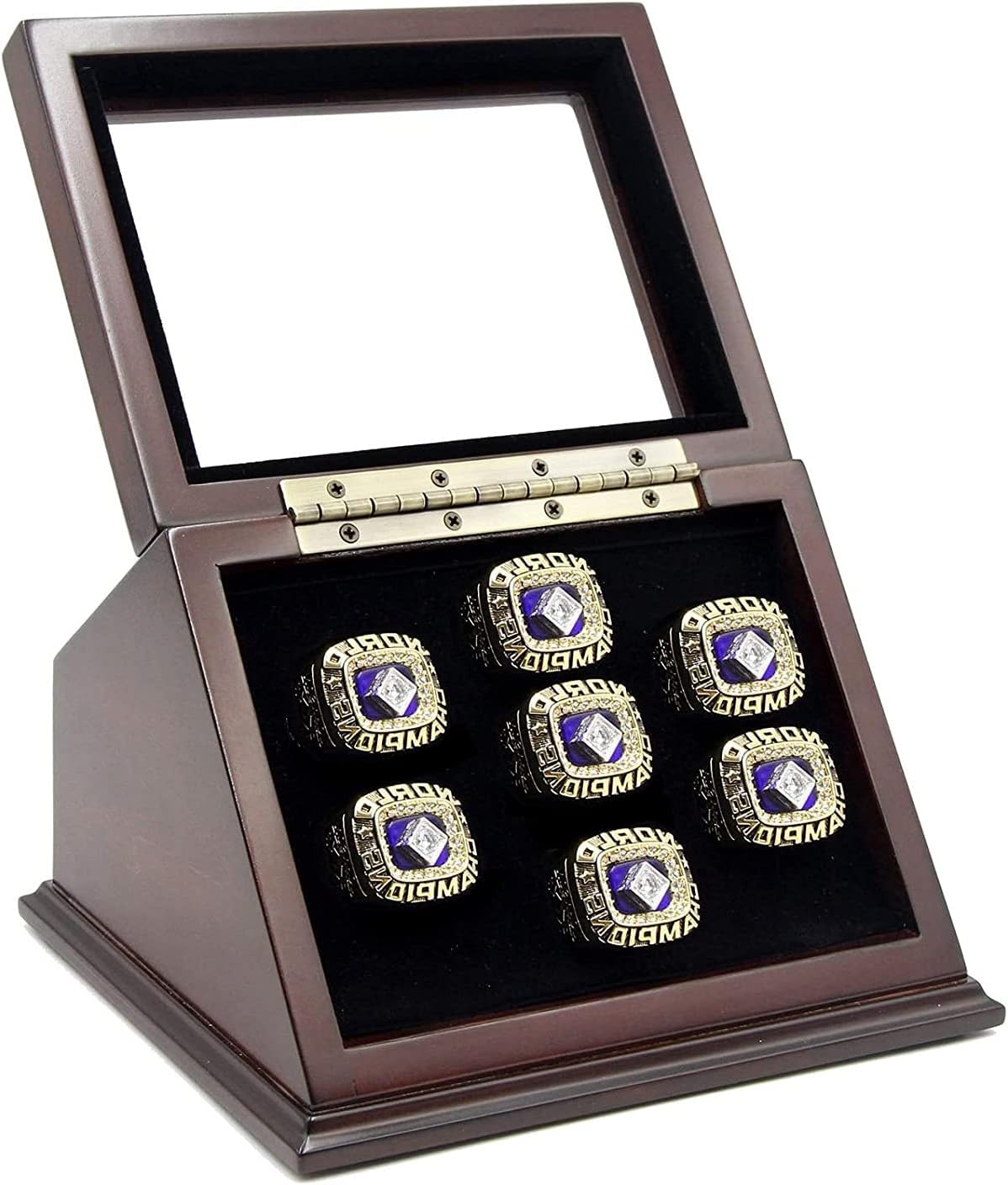 7 Slots Championship Rings Wooden Display case Shadow Box with Slanted Glass Window for Football Rings Basketball Hockey Sports Championship Rings - Rings are Not Included : Sports & Outdoors