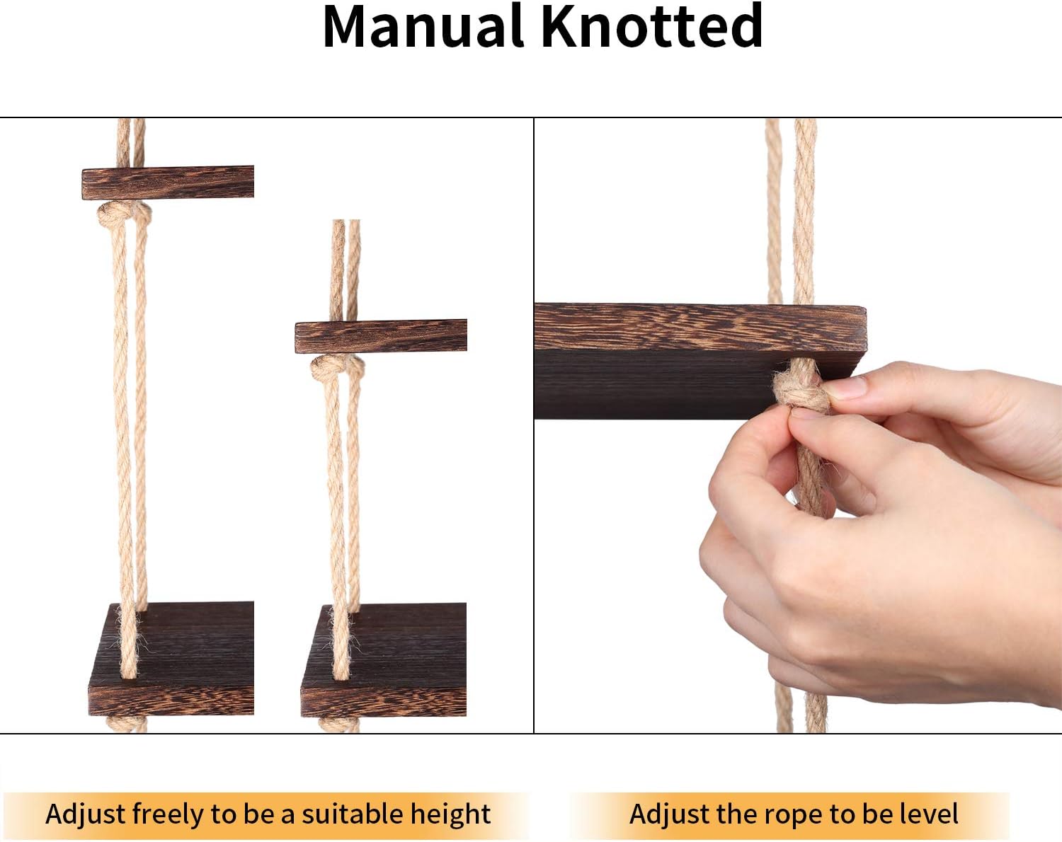 TJ.MOREE Wall Hanging Rope Shelf Wood Hanging Plant Shelves, 3 Tier Window Shelf Home Decor Storage Shelves for Interior Window/Kitchen/Bathroom/Bedroom (Dark Brown): Kitchen & Dining