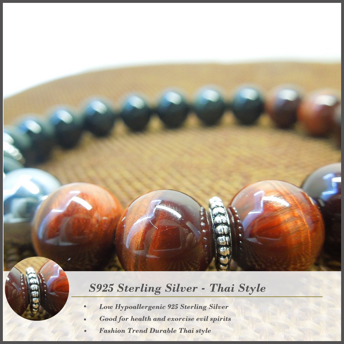 COLORFEY Mens Natural Gemstone Tiger Eye Terahertz Black Obsidian Energy Stone Buddhist Prayer Bracelet