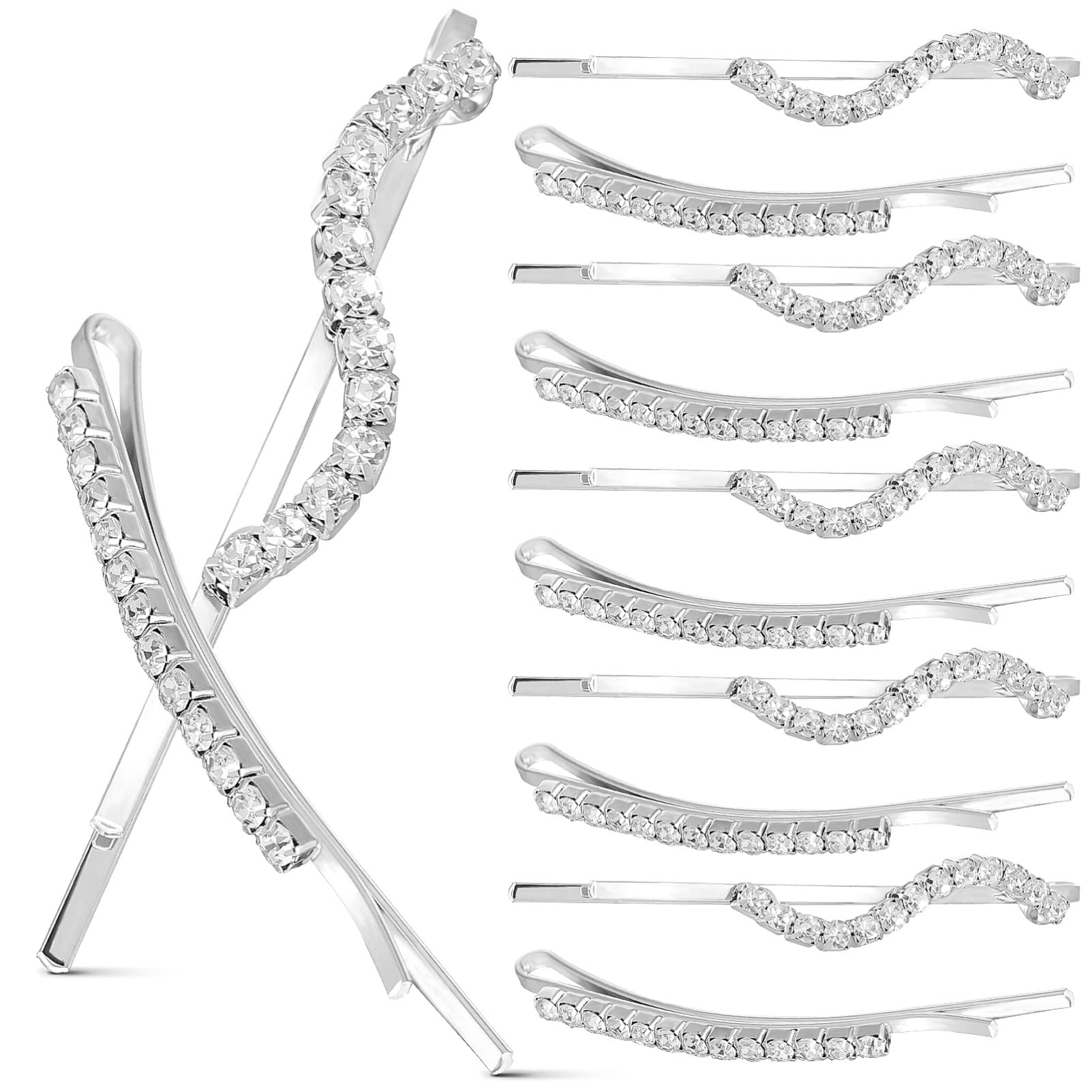 Lurrose 12 Pcs Rhinestones Bobby Pins, Crystal Hair Pins Silver Metal Hair Clips Decorative Bobby Pins for Women Girls Wedding