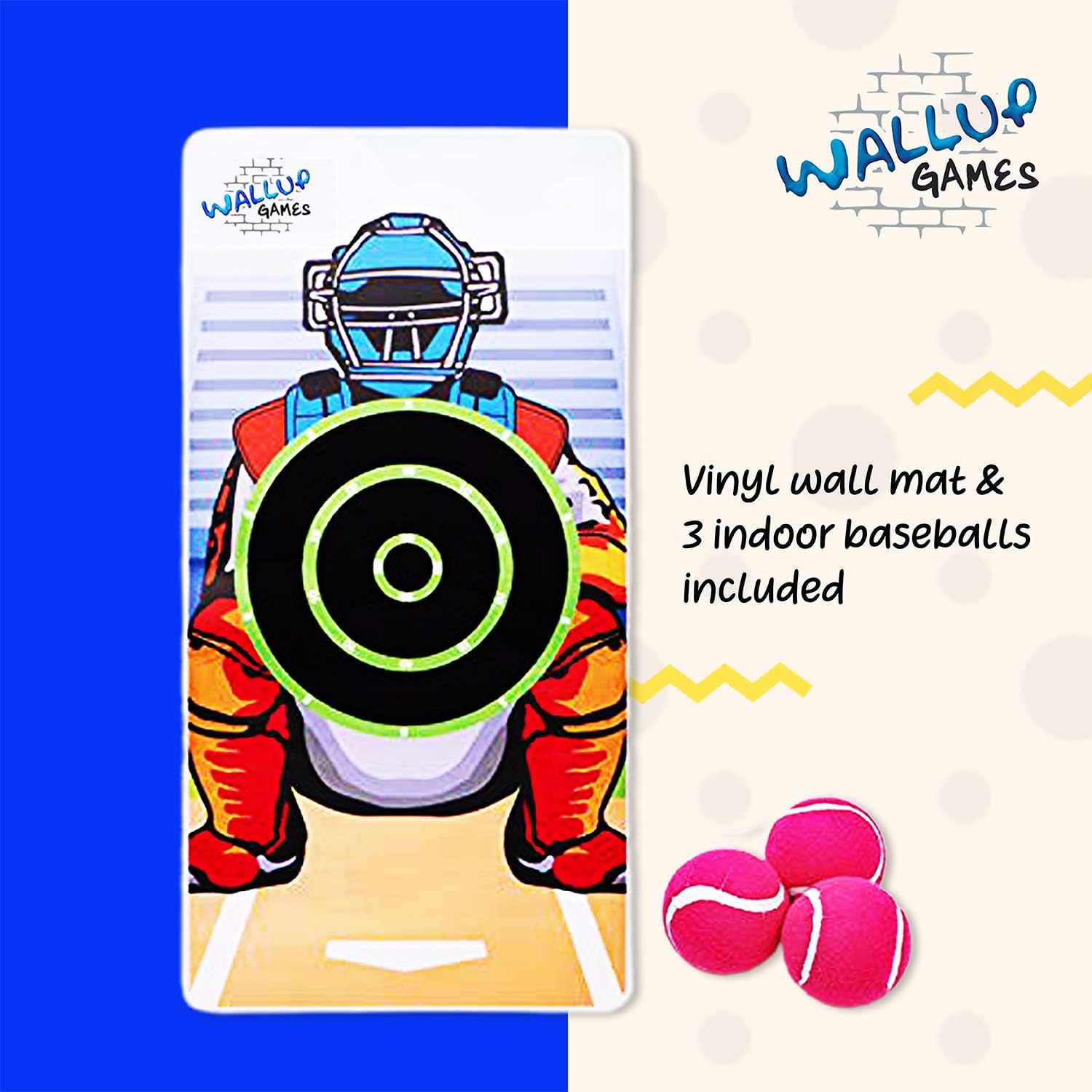 Wallup Games Kids Baseball Indoor Target Pitching Games, Removable Vinyl Wall Mat with 3 Indoor Baseballs, Hook and Loop Target: Toys & Games