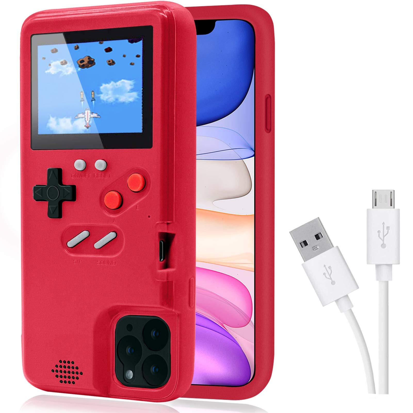 DIKKAR Game Console Case for iPhone, Retro Protective Cover Self-Powered Case with 36 Small Games,Full Color Display,Video Game Case for iPhone 11 Pro (Red)