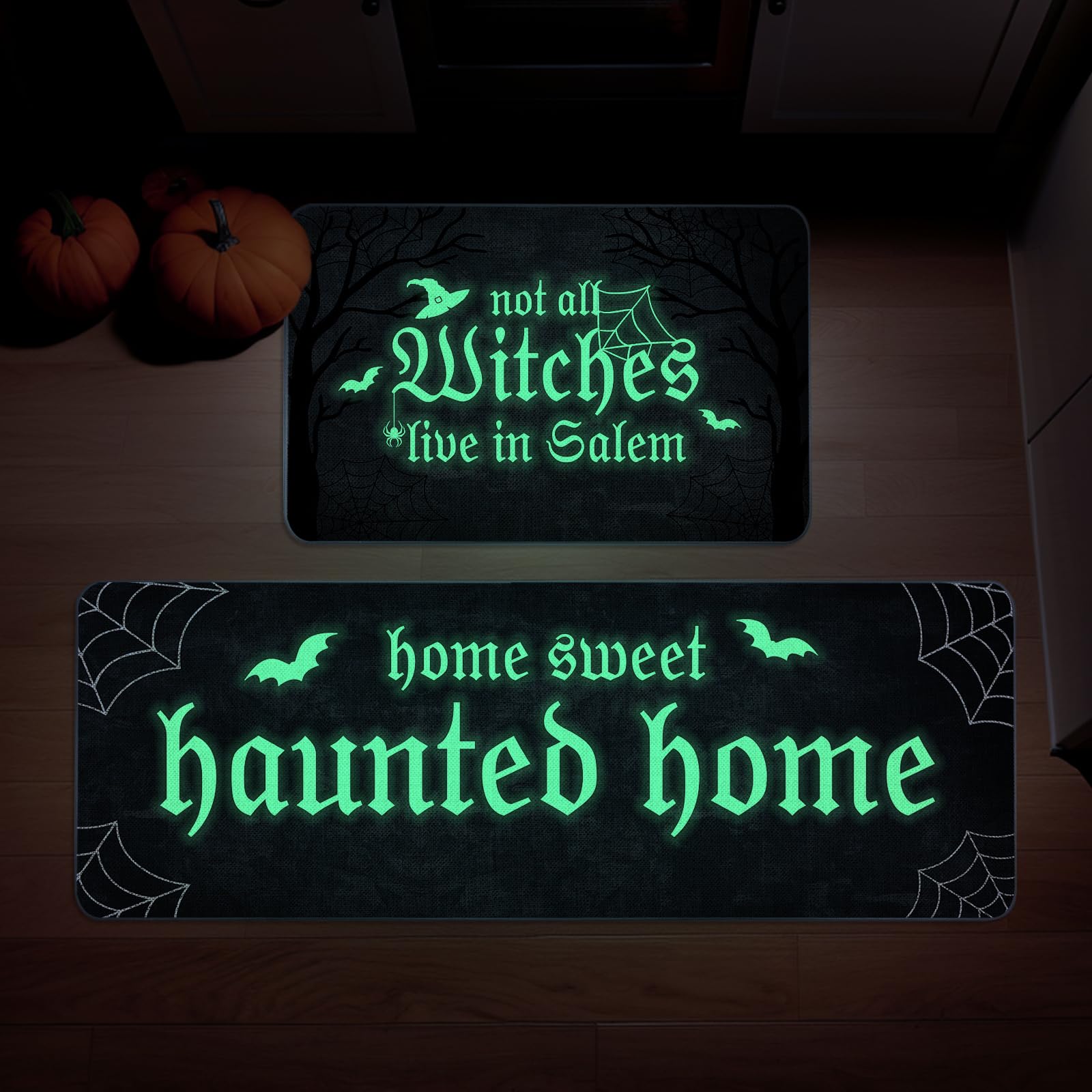 Photo 1 of QIONG MENG Halloween Kitchen Mat Set of 2 Not All Witches Live in Salem Decorative Glow in The Dark Kitchen Rugs, Luminous Party Home Floor Mats for Indoor Outdoor Decorations-17x27 and 17x47 Inch