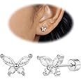 Cartilage Screw Back Earrings for Women, Flat Back Earrings Sterling Silver Hypoallergenic Earrings for Girls Conch Helix Piercing Jewelry Crawler Butterfly Flower Stud Earrings (Butterfly, Silver)