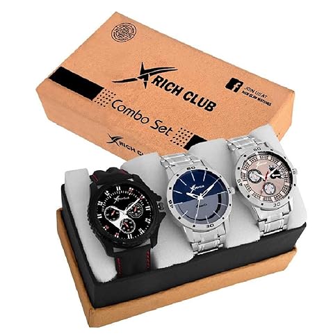 Rich Club Quartz Movement Analogue Display Multicoloured Dial Mens Watch(ARMBLK~27GREY~27SMILY) - Pack of 3