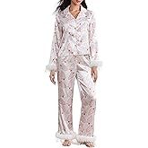 Owl's-Yard Women's Pajama Sets Cartoon Print Silk Pajamas Button Down Shirts with Wide Leg Pants 2 Piece Loungewear