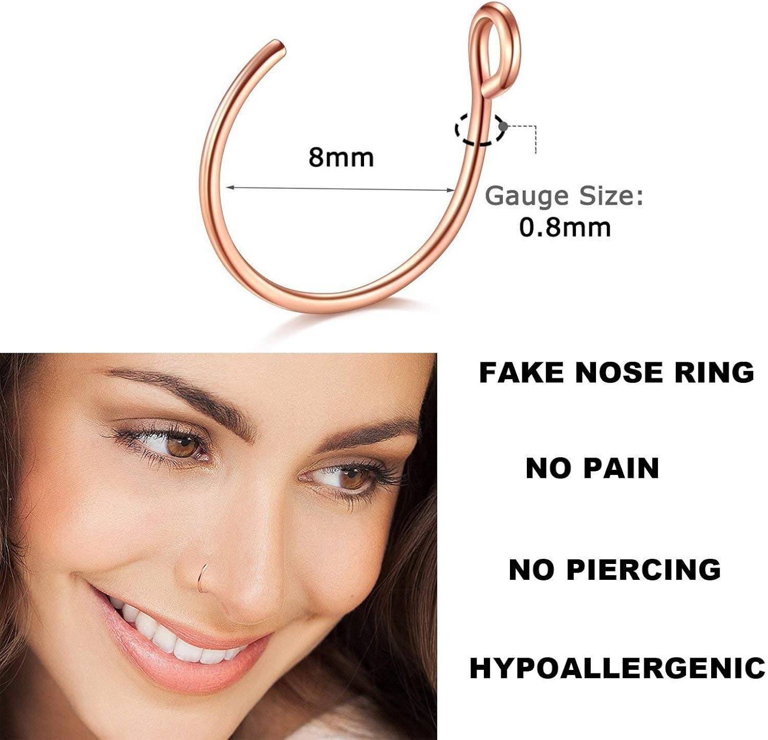 JFORYOU 6 Pieces 316L Steel Nose Ring Nose Hoop Fake Nose Ring Piercing Body Jewelry,Silver Rose Gold Black,20 Gauge 8mm - Image 4