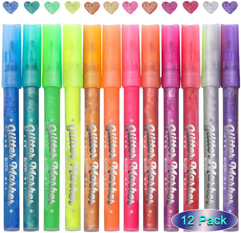 Acrylic Paint Marker Pens, ARINO 12 Color Glitter Paint Pens for Kids Round Tip Graphic Drawing Pen for Scrapbooking Crafts, DIY Photo Album, Art Rock Painting, Card Making, Glass, Fast Dry