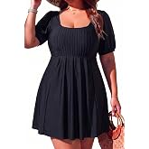 Smismivo Women Plus Size Swimsuit One Piece Tummy Control Puff Swim Dress | Full Coverage,Slimming,Ruffle Sleeve,Skirt with Boyshorts,Modest Curvy,Swimdress,Removable Padded,Beach Vacation,Pool