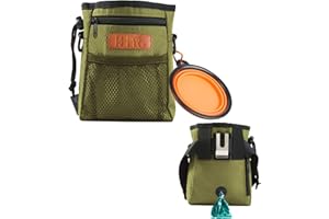 KHPR Dog Treat Training Pouch Easily Carries Pet Toys Kibble, Treats Built-in Poop Bag Dispenser 3 Ways to Wear Comes with a Foldable Silicone Bowl(Army Green)