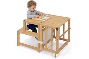 COSYLAND 3-in-1 Toddler Standing Tower with Whiteboard, Kids Kitchen Step Stool Convertible into Desk Table and Chair, Toddle