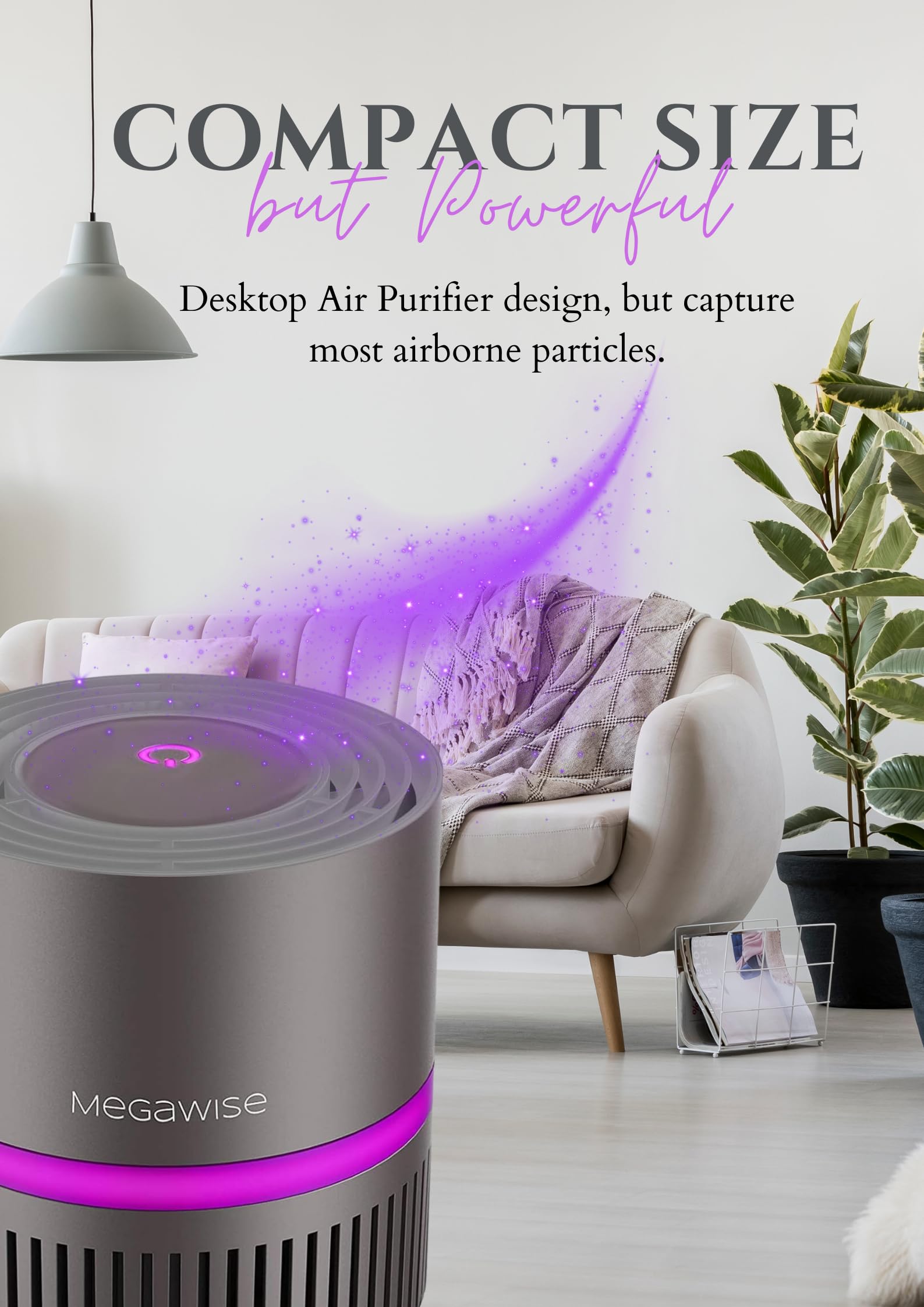 MEGAWISE H13 HEPA Air Purifier for Home, Desktop Air Cleaner with True HEPA Filter for 99.97% Particle Removal, Ultra-Quiet, Compact Design - EPI810 (Gray, without Light)