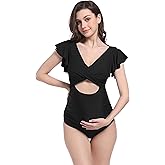 V VOCNI Maternity Swimsuit One Piece Cutout Tie Back Ruffle Pregnancy Bathing Suits Push Up Swimwear