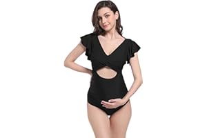 V VOCNI Maternity Swimsuit One Piece Cutout Tie Back Ruffle Pregnancy Bathing Suits Push Up Swimwear