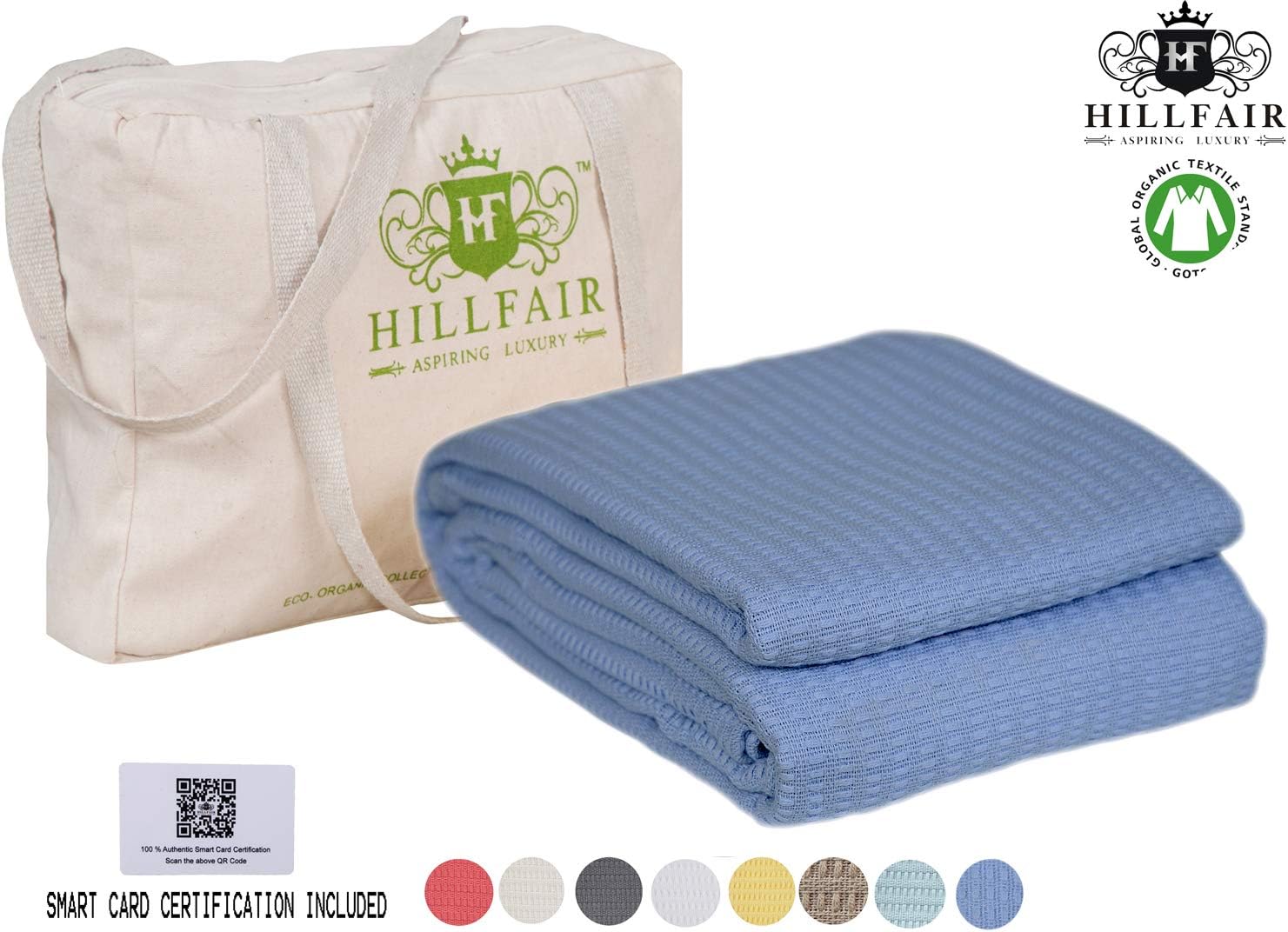 HILLFAIR 100% Certified Organic Cotton Blankets- King Size Bed Blankets- All Season Cotton Blanket- Organic Cotton Bed Blankets- Soft Cozy Multipurpose King Blankets- Blue King Size Blankets: Home & Kitchen