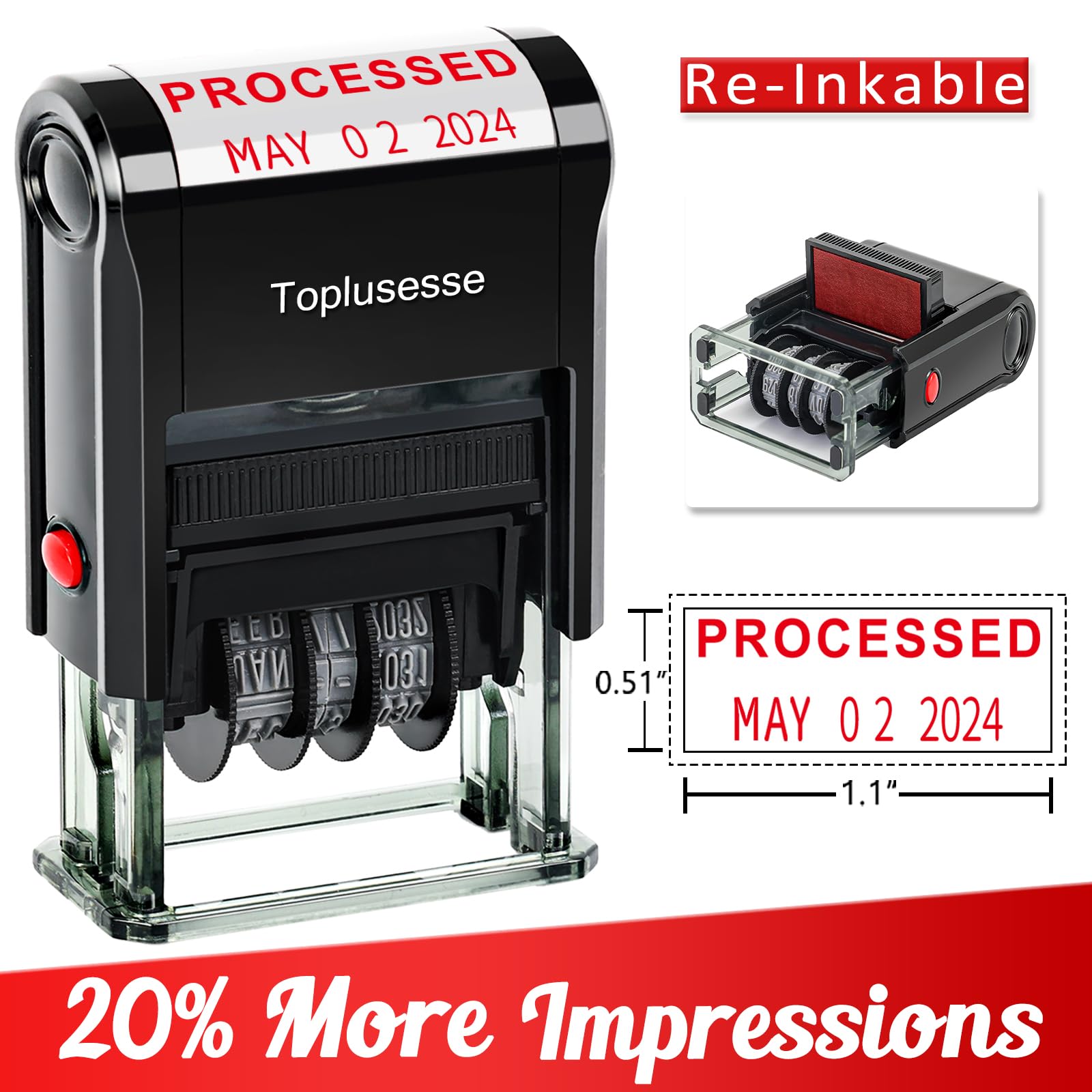 Photo 1 of Toplusesse Processed Stamp with Date Self Inking Date Stamper Custom Scanned Phrase Date Stamp for Business 12-Year Band Red Ink &Black Ink 2024