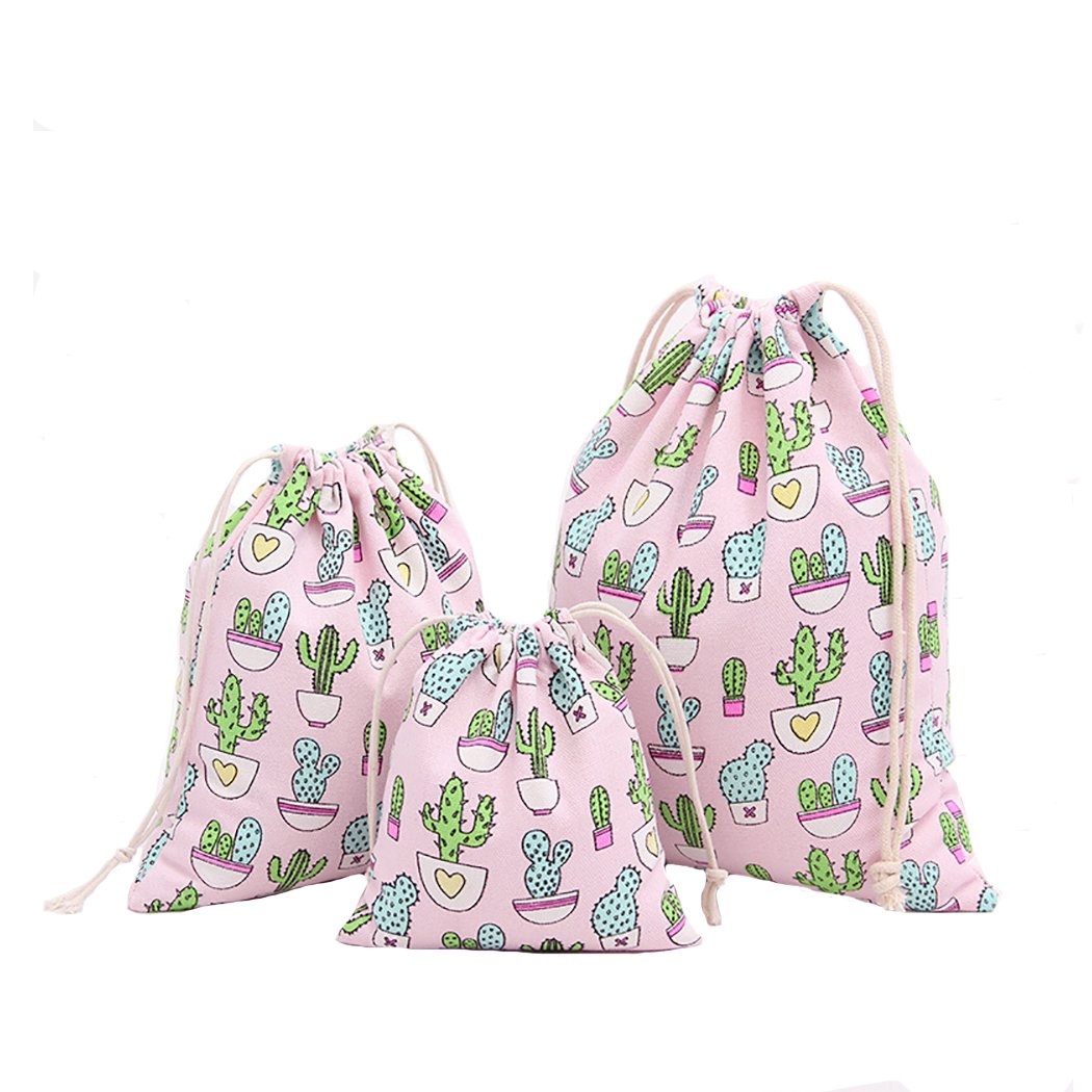 Amoyie 3 pcs Drawstring Storage Bag Set for Baby Stuff, Travel Home Accessories, Pink Cactus — image 1