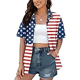 American Flag Shirt for Women: 4th July Graphic T-Shirts Patriotic USA Flag Star Stripes Tees Hawaiian Button Down Tops