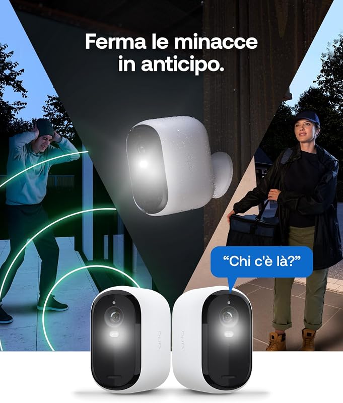 Essential 3 XL Telecamera WiFi Esterno Senza Fili, 2K, Telecamera WiFi Interno, Batteria Da 24 Mesi*, Sirena Allarme Casa, Sensore Di Movimento, Prova Inclusa Secure, 2 Telecamere, Bianche