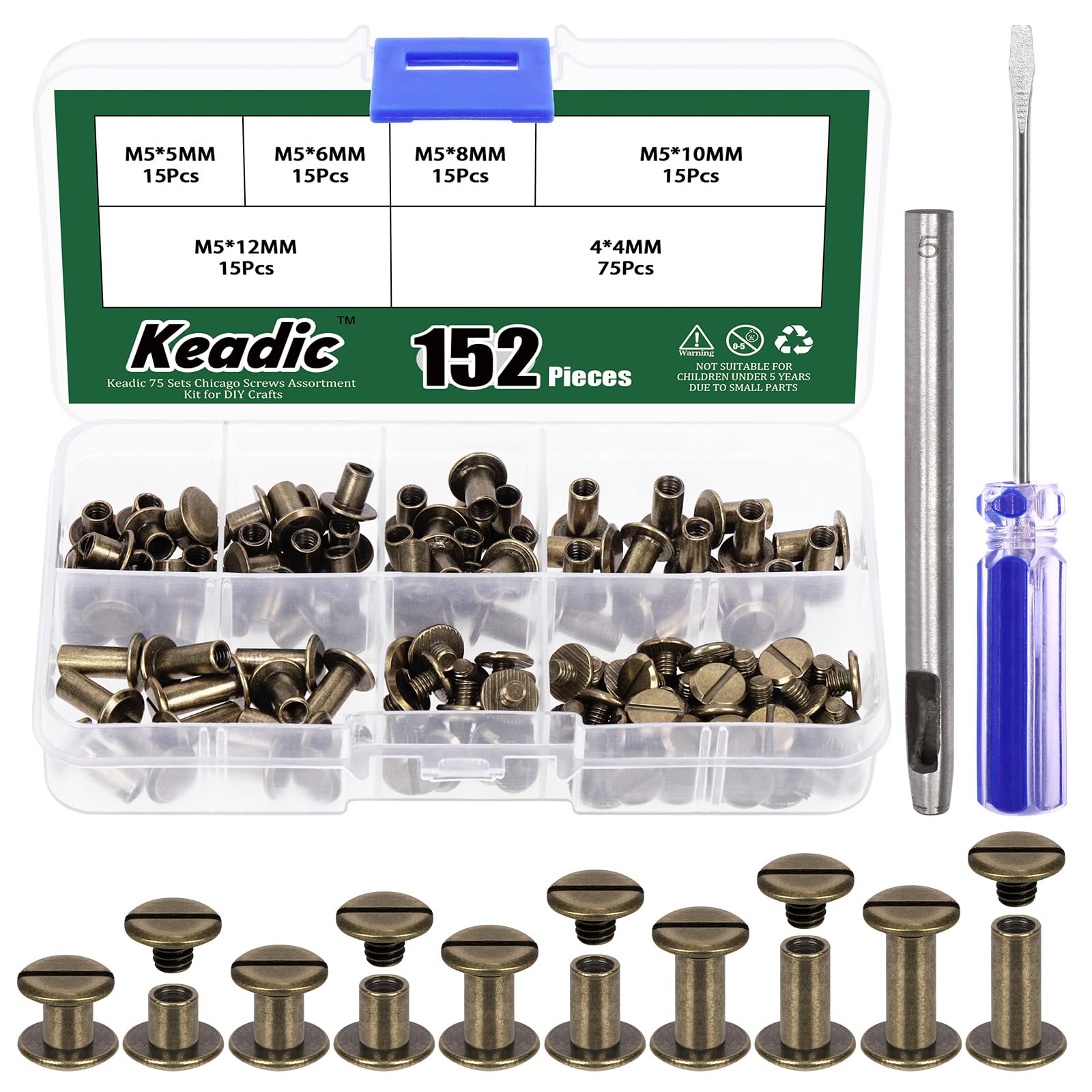 Keadic 152Pcs 5 Sizes Chicago Screws Assortment Set with Setting Tool, M5 x 5/6/8/10/12mm Flat Head Leather Rivets, Bookbinding Posts Nail Studs for Purse Collar Belt Shoes DIY (Bronze)