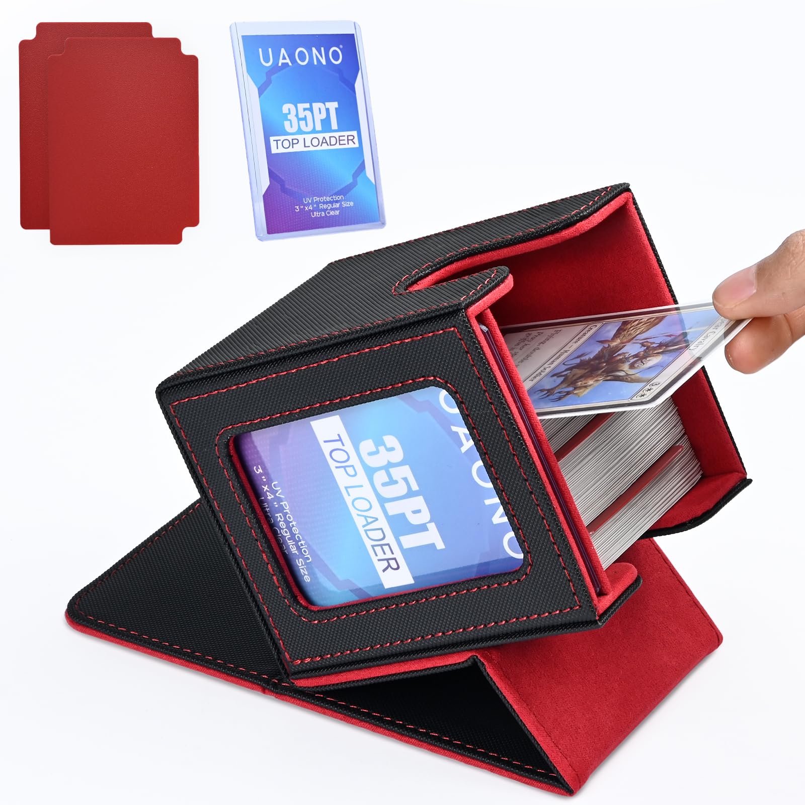 UAONO Card Deck Box with MTG Commander Display, Patented Design Card Deck Case Holds 100+ Double-Sleeved Cards, PU Leather Cards Storage Box For TCG with 2 Dividers, 1 Top Loader (Black&Red)