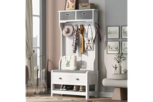 Polibi Hall Tree with 4 Metal Hooks, 2 Sliding Drawers, Top Shelves and Shoes Storage Shelf, Hallway Coat Rack Entryway Bench Coat Hanger for Livng Room Bedroom, White
