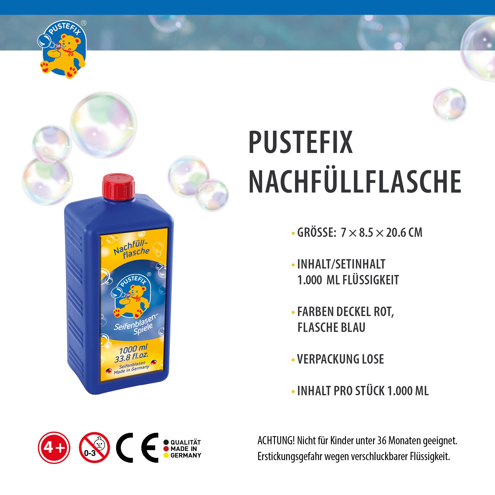 PUSTEFIX - 420869725 Seifenblasen Nachfüllflasche Maxi 1L I Seifenblasenflüssigkeit für bunte Blasen I I extra Flüssigkeit für mehr Bubble Spaß I für Kinder & Erwachsene auf Geburtstag, Hochzeit 5
