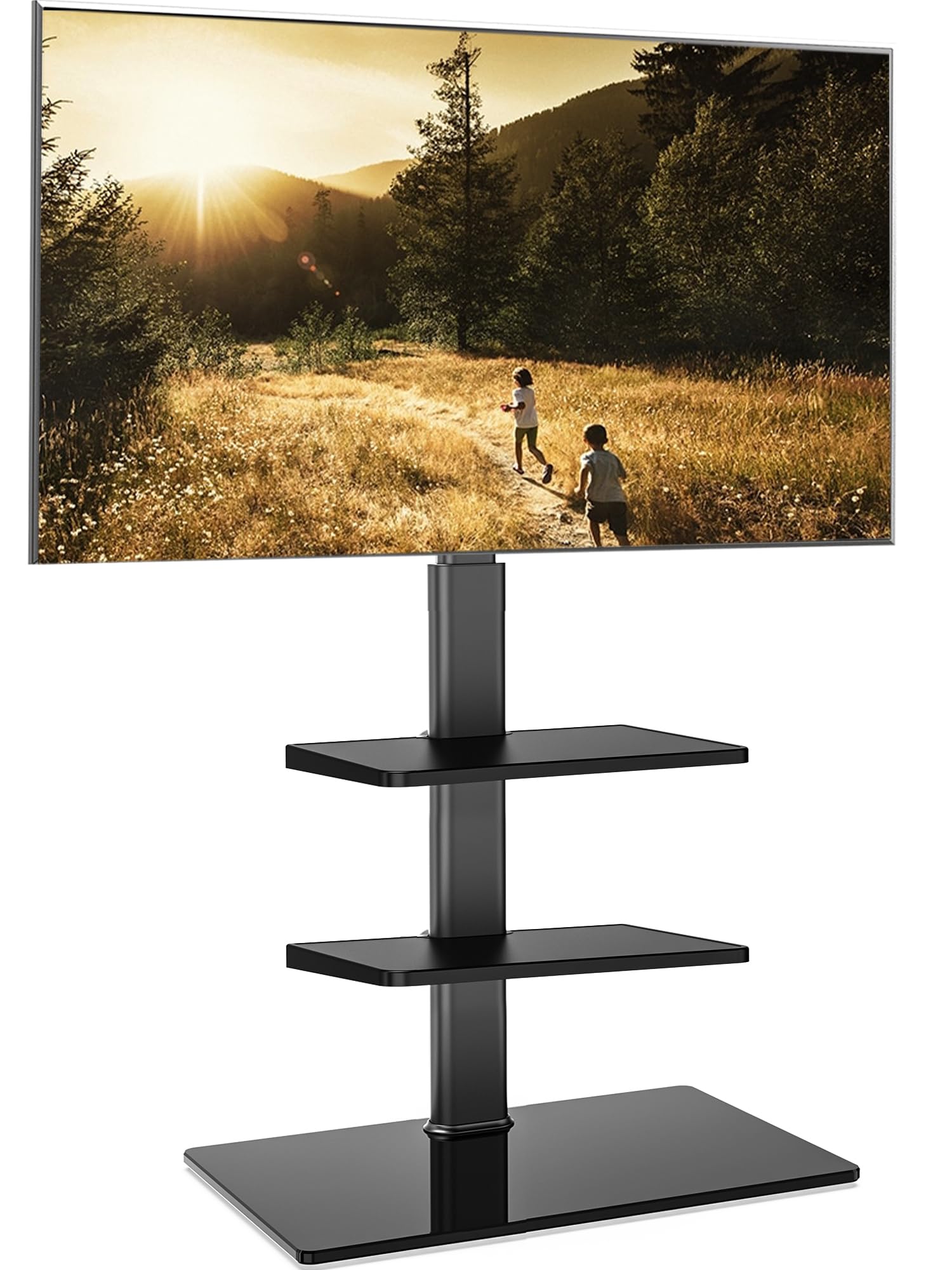 FITUEYES TV Floor Stand for 32-60 Inch, Tall TV Stand with Swivel Bracket, Floor Standing TV Stand with 2 Adjustable Shelves, Max VESA 600x400mm Holds 30kg