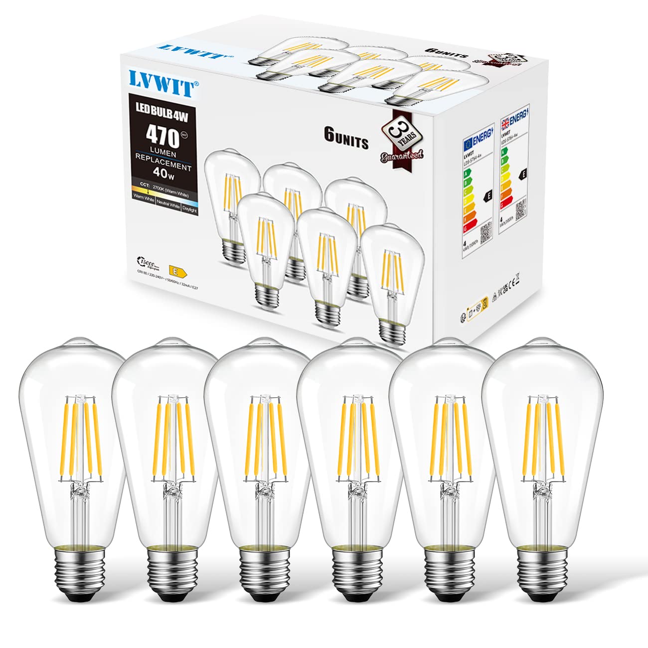 LVWIT 4W Edison Screw Bulb,E27 Vintage Light Bulbs 40W Equivalent,470LM,2700K Warm White E27 GLS Bulb,ST64 Squirrel Cage Bulbs,220-240v,Non-dimmable (6 PCS)