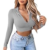 Artfish Women's Long Sleeve Quarter Zip Crop Tops Fleece Lined V Neck Fitted Sexy Cropped Shirts