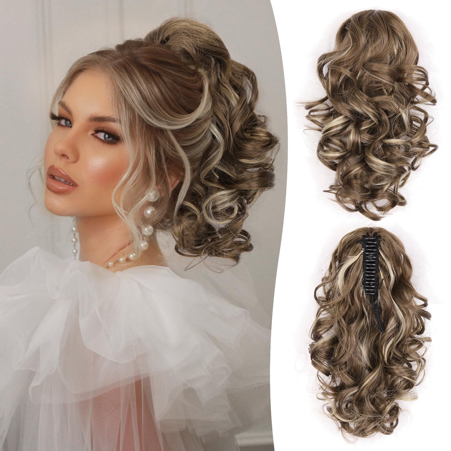 Photo 1 of Clip on Ponytails for Women - 12 Inch Curly Ponytail Extension, Wavy Pony Tails Hair Extensions, Synthetic Hair Extensions Ponytail, Clip in Ponytail (Color: Ash Brown with Beige Blonde Highlights)
