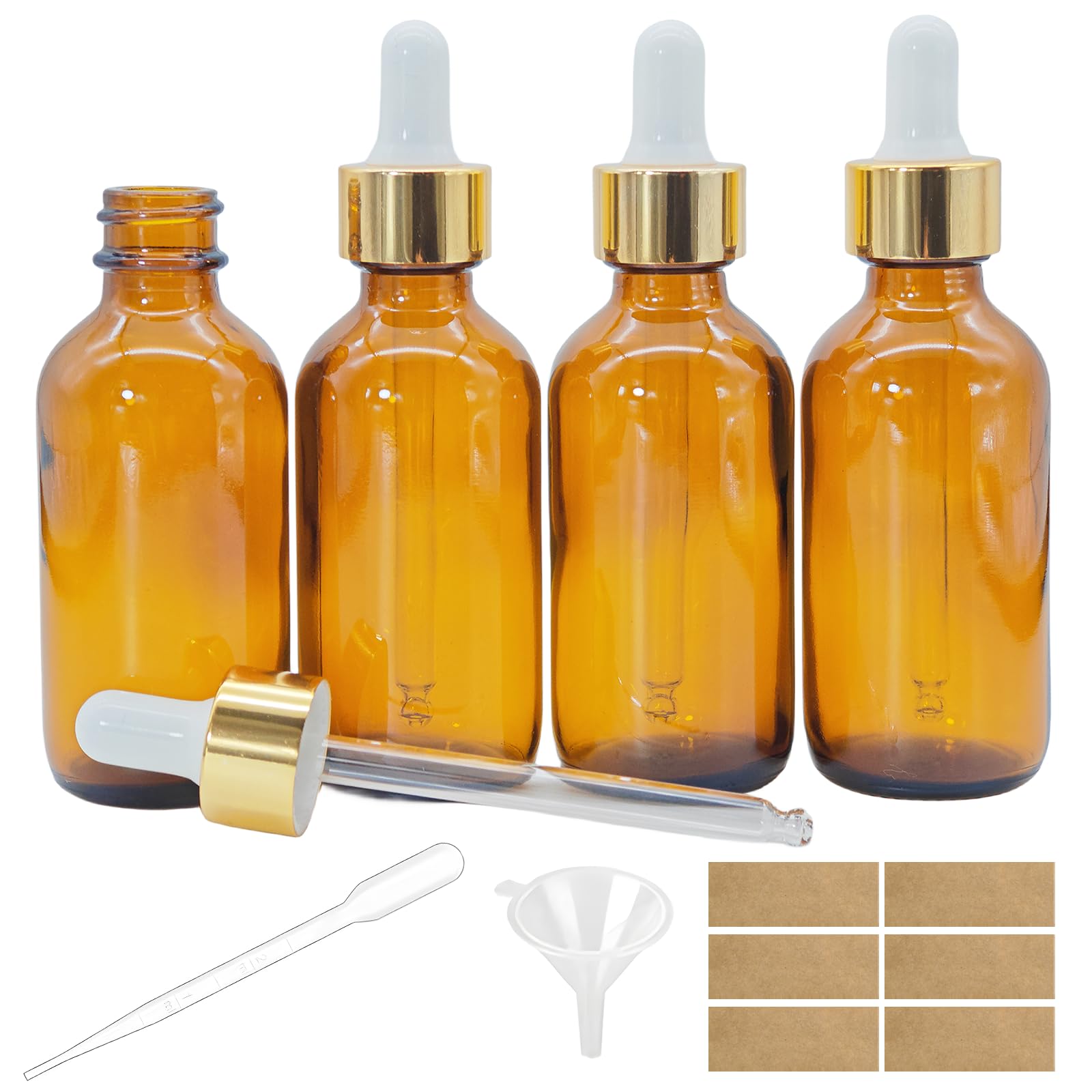4 PACK 2 oz Amber Glass Dropper Bottle, Golden Cap 60 ml Dropper Bottles, Tincture Bottle for Essential Oils, Liquids - Leakproof Travel Bottles