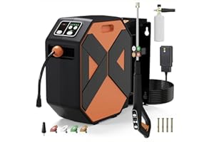 BUYPLUS Wall Mounted Pressure Washer, 5000MAX-PSI Wall Mounted Power Washer with 100 FT Retractable Hose, Remote Control, Foam Cannon, 5 Connect Nozzles for Garage/Patio/Home Cleaning, Orange