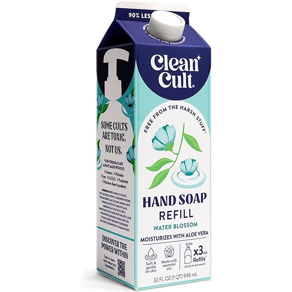 CLEANCULT LIQUID HAND SOAP REFILL – WATER BLOSSOM – MOISTURIZES DRY & SENSITIVE SKIN – MADE WITH ALOE VERA & ESSENTIAL OILS – ECO FRIENDLY – PAPER-BASED PACKAGING – 32 OZ/1 PACK
