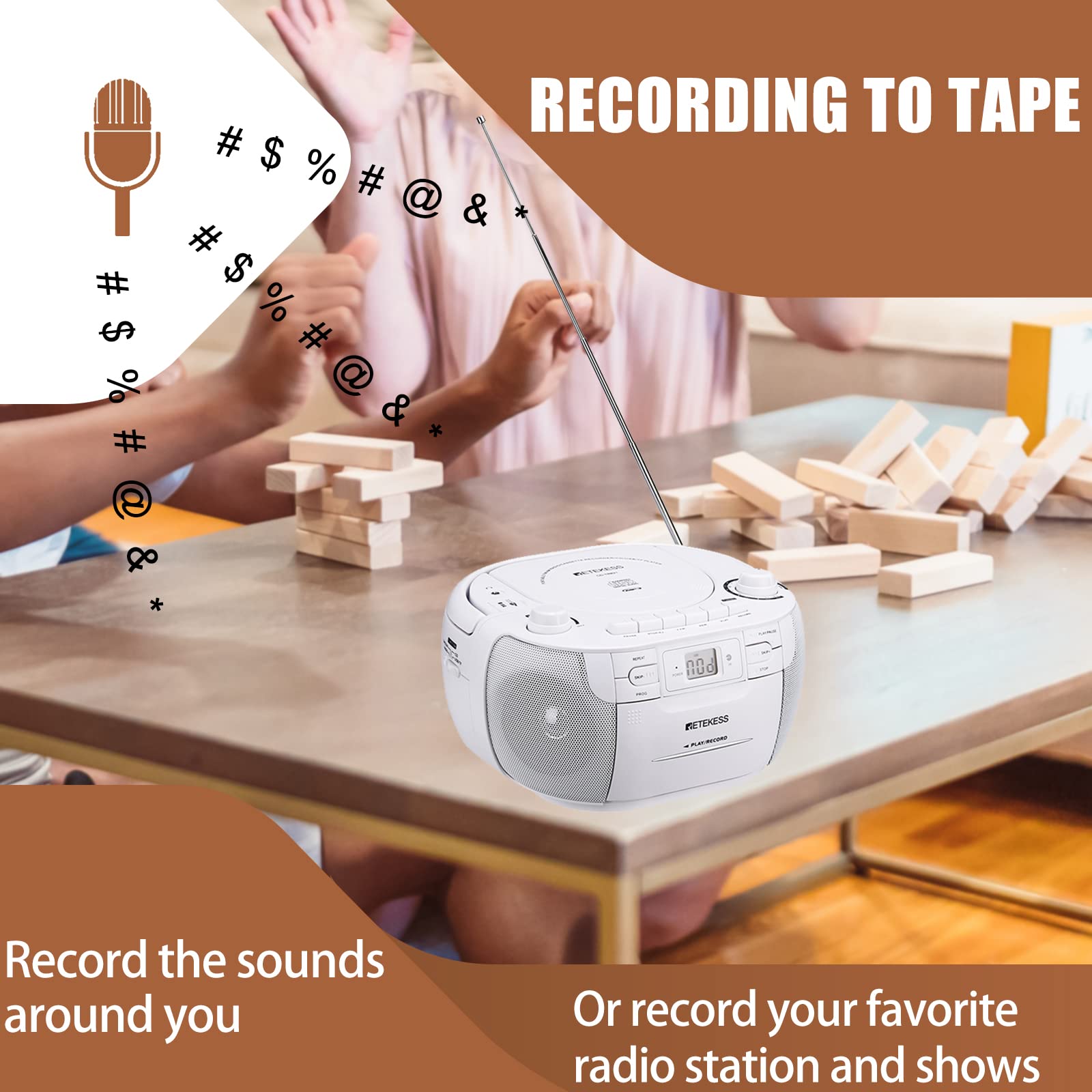 Retekess TR621 CD and Cassette Player Combo, Portable Boombox AM FM Radio,TR606 Tape Recorder Cassette Player,AM FM Cassette Players Walkman, Supports Voice/AUX Line in Record