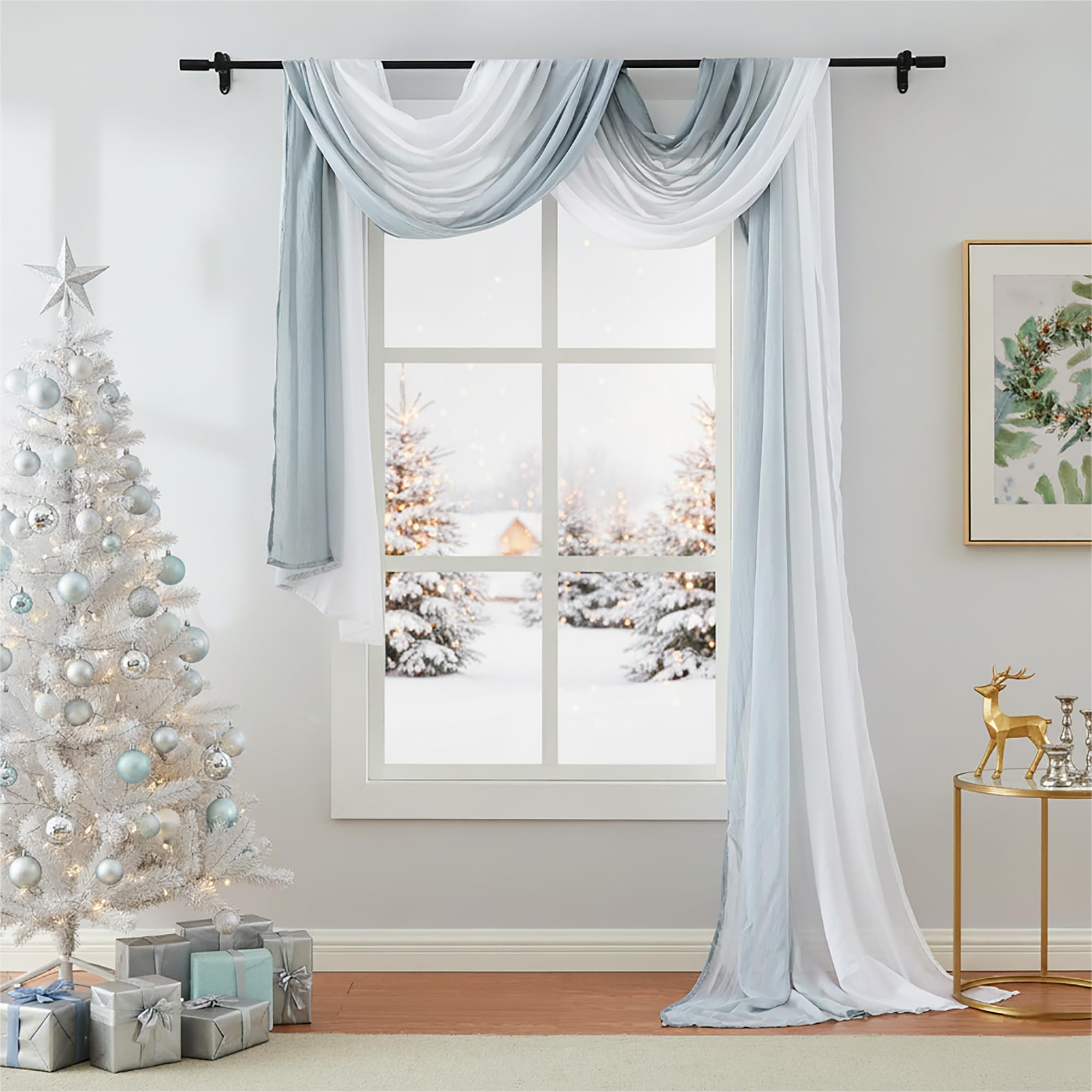 Photo 1 of 1 Piece Ombre Chiffon Sheer Window Scarf Valance Curtain 18ft for Living Room Christmas Decor, 216 Inch Long Crinkle Soft Window Sheer Voile Valance for Holiday, Wedding Party Decor, Grey, 52"W