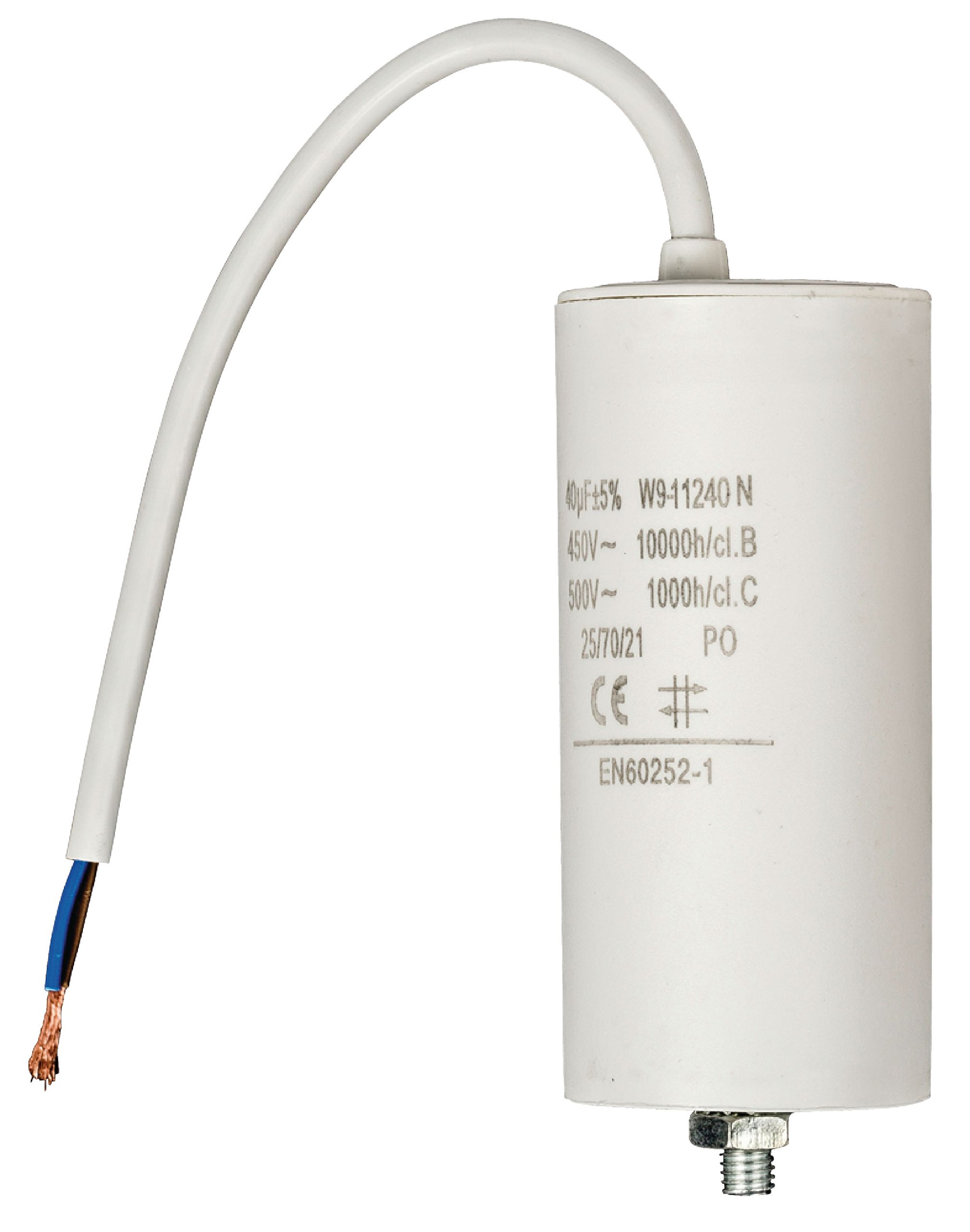 Invero Washing Machine Motor Capacitor 40.0uf - 450V Wired 250mm Cable - Dimensions: 50 x 109 mm - White