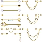 LOREMOW Stainless Steel Industrial Barbell Earrings for Women Men Industrial Earrings with Chain CZ Cartilage Helix Industrial Piercing Jewelry